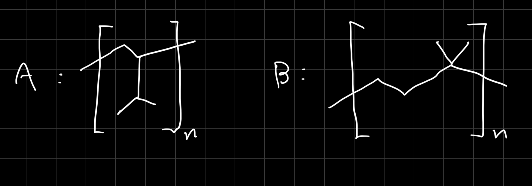 3-メチル-1-ブテンの直接付加由来A構造と転位由来B構造を描いた手書き構造式